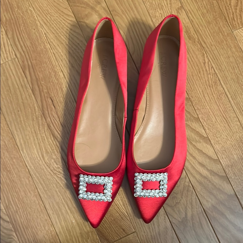 J Crew Red Satin Flats with Embellished Buckle